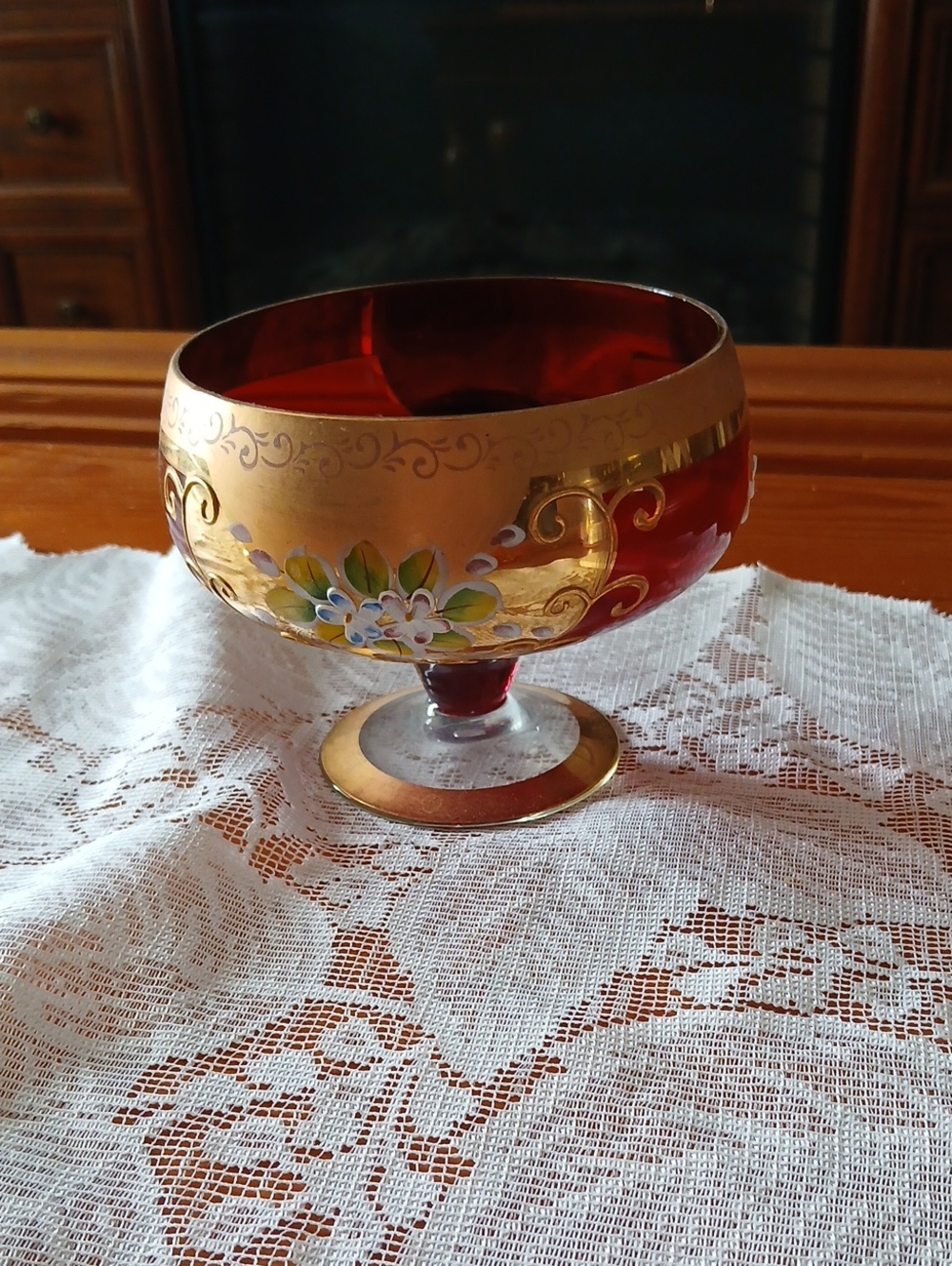 Red Glass Pedestal Bowl with Gold Floral Accents Candy Dish